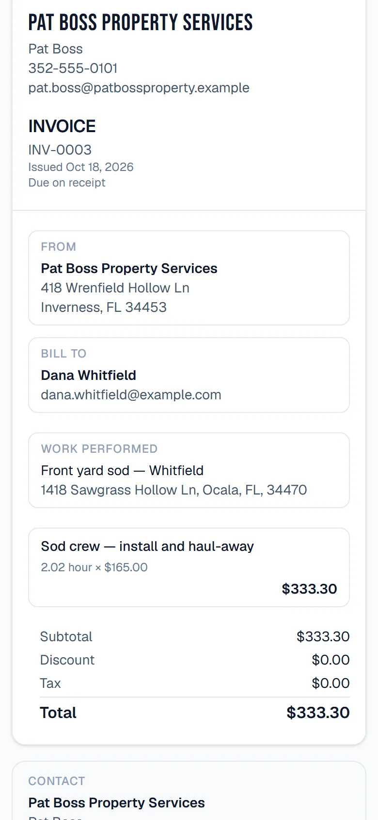 The customer's own bill, opened from her email on a phone: the business that sent it, who it is for, the work that was done and the total.
